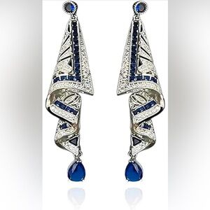Art Deco Style Silver & Sapphire Blue Spiral Drop Earrings Stud Earrings